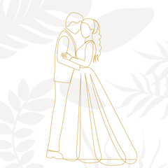 bride and groom gold sketch, doodle ,contour line on abstract background