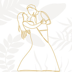 bride and groom gold sketch, doodle ,contour line on abstract background isolated vector