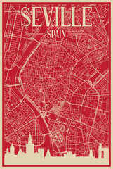 Red hand-drawn framed poster of the downtown SEVILLE, SPAIN with highlighted vintage city skyline and lettering