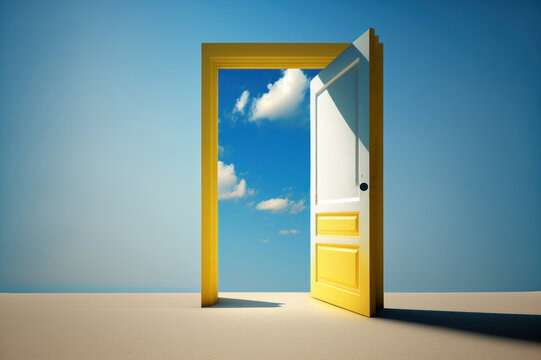Door open and see beautiful blue clear sky metaphor wonderful hope thing is coming. generative ai.