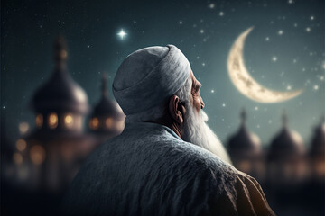 muslim old man praying on a starry and crescent moon moon night. Ramadan concept. Generative AI - obrazy, fototapety, plakaty