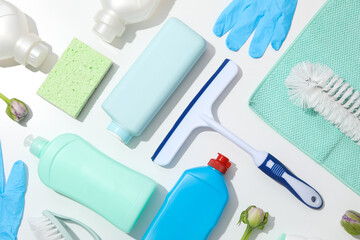 Concept of spring cleaning and house cleaning, top view