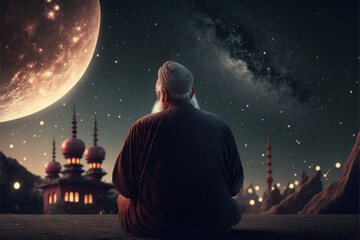 muslim old man praying on a starry and crescent moon moon night. Ramadan concept. Generative AI - obrazy, fototapety, plakaty
