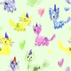 Seamless Pattern With Colored Kid's Crayon Hand Drawn Cats llustration