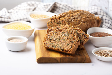 Homemade Gluten Free Bread. Healthy Eating Concept. Millet, buckwheat, psyllium husks, flax seeds...