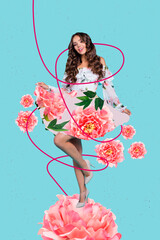 Collage artwork graphics picture of charming beautiful lady wear floral print dress isolated...