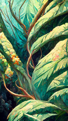 Obraz premium oil painting of the jungle canopy big leaves flowers cave illustration Generative AI Content by Midjourney