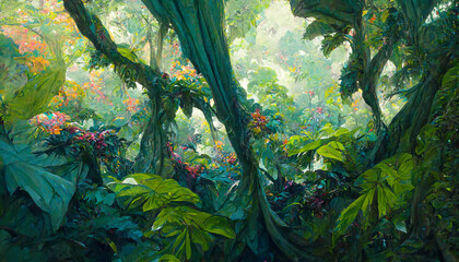 Fototapeta na wymiar oil painting of the jungle canopy big leaves flowers detailed illustration Generative AI Content by Midjourney