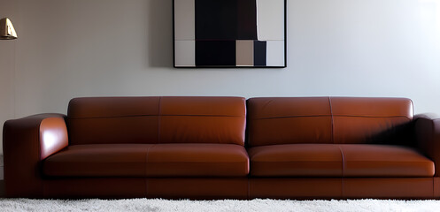 Leather sofa in a modern, minimalistic living room with picture frame hanging over the sofa, Generative AI