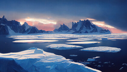 A snowy, cold scene of snow-capped mountains, piles of snow, and ice blocks and icebergs.