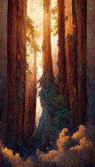 looking up at a massive redwood tree dramatic lighiting Generative AI Content by Midjourney