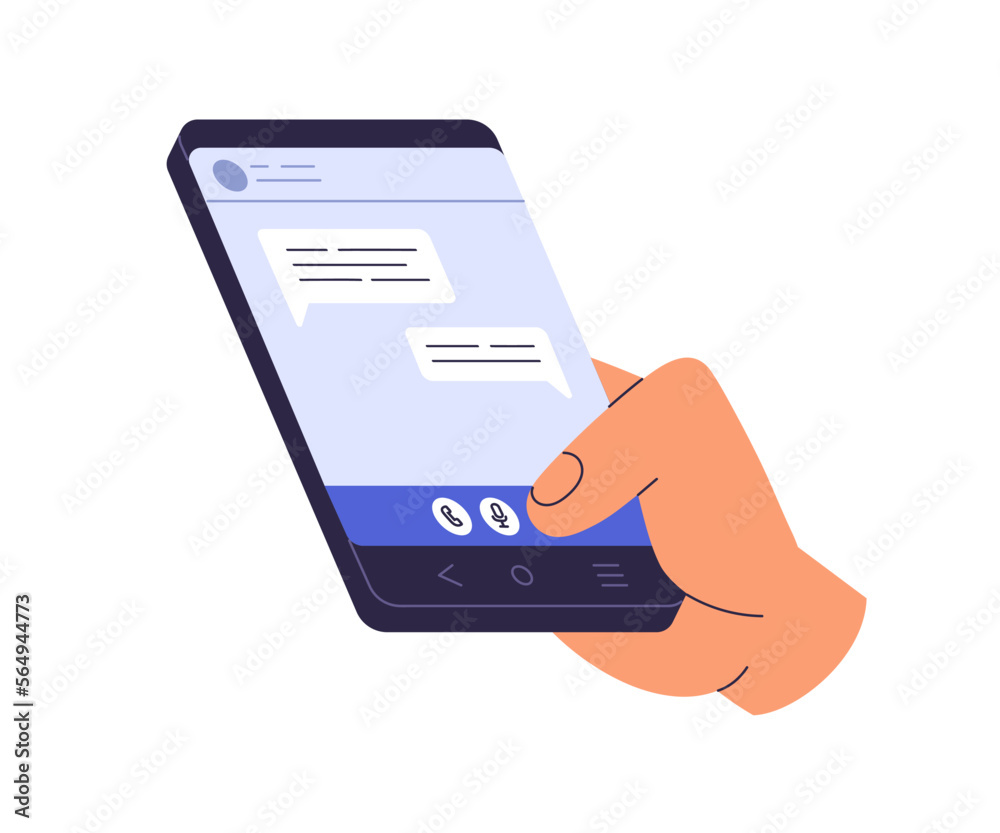 Poster Hand holding phone with online messenger, mobile app on screen. Using smartphone application for instant messages, internet communication. Flat graphic vector illustration isolated on white background