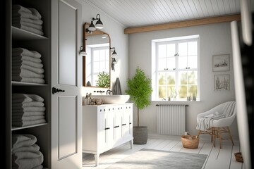 Scandinavian interior style bathroom with a porcelain washbasin and a white natural wood cabinet and a big mirror