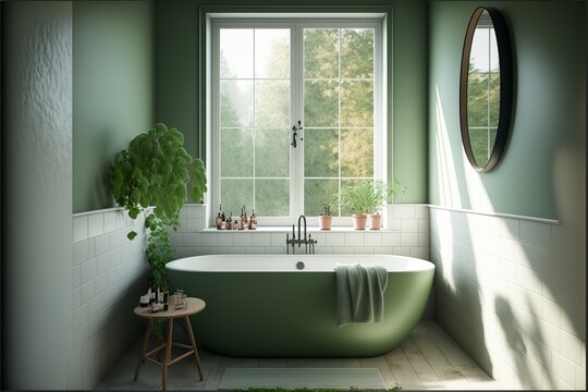 Scandinavian style interior bathroom with a big metal olive green bathtub and several potted plants in the windows, with natural wood furniture with olve color paint and towels and a big mirror