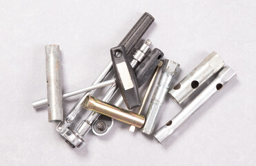 Torque Wrench and other old tools isolated on grey background