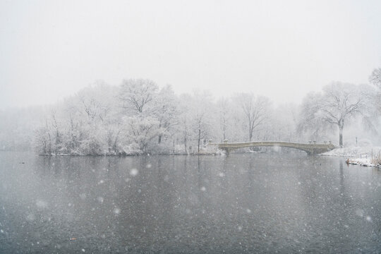 Bow bridge over lake by bare trees during snowfall