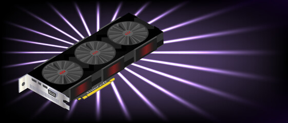 Vector wide hi-tech banner. 3d modern video card with three fans on a dark glowing radiant background.