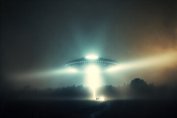 Ufo landing, mysterious lights and alien reveal in the dark night, generative ai