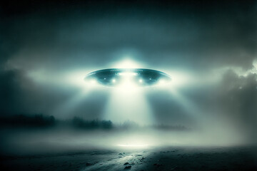 Ufo landing, mysterious lights and alien reveal in the dark night, generative ai