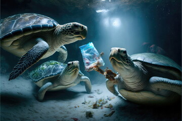 Turtles are eating plastic bags in the sea, Made by AI,Artificial intelligence