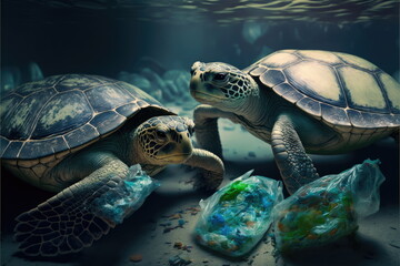 Fototapeta na wymiar Turtles are eating plastic bags in the sea, Made by AI,Artificial intelligence