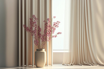 vase with flowers,interior of a room,interior of a room with curtains,design scene