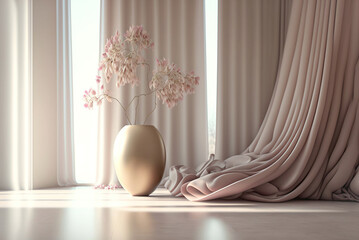 vase with flowers,interior of a room,interior of a room with curtains,design scene