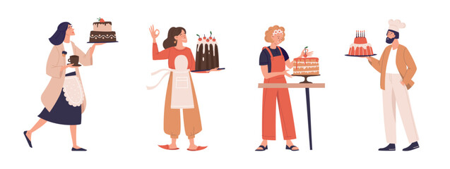 Confectioner, cook, cake, pastries. Girl with a cake. Set of illustrations. Vector image.