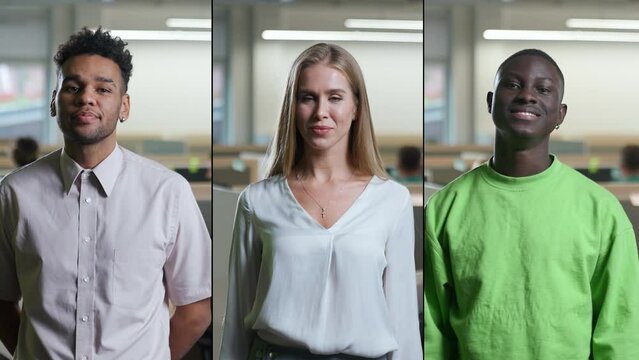 Split screen, portraits of a office workers, different races and genders against the background of international office space, managers looks at the camera and smiles, multiscreen.