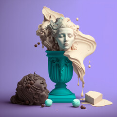 generative ai illustration - still life of  colorful fruit on a cool statue, in a pop minimal background-