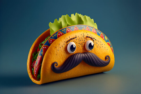 Mustache taco: cute taco food cartoon character, Generative AI