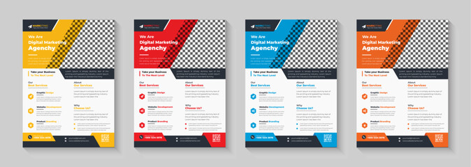 Corporate business flyer template design set with blue, orange, red, and yellow colors. marketing, business proposal, promotion, advertising, publication, acover page. new digital marketing flyer set.