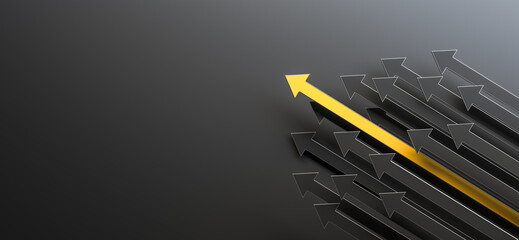 Leadership concept, yellow leader arrow leading black arrows, on black background with empty copy space on left side. 3D Rendering