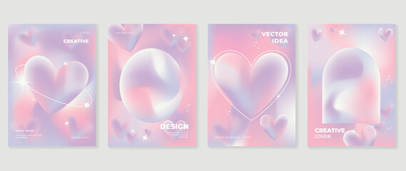 Abstract gradient Y2K style template cover vector set. Happy Valentine's Day decorate with trendy gradient heart vibrant y2k colorful background. Design for greeting card, fashion, commercial, banner.