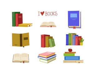 Set of book icons in flat vector hand drawn design style. Trendy illustration