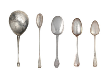 Vintage silverware isolated, teaspoon set cut outs