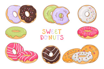 Frame of colorful donuts with different icing and sprinkles. Multicolored inscription - Sweet Donuts. Suitable for banner, logo, menu design, t-shirt, greeting card.
