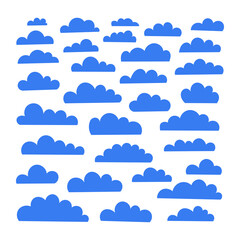 Set of vector cartoon blue clouds on white background. Set of hand drawn cartoon sky