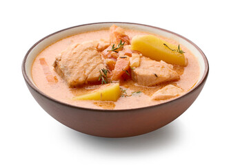 bowl of salmon and tomato soup