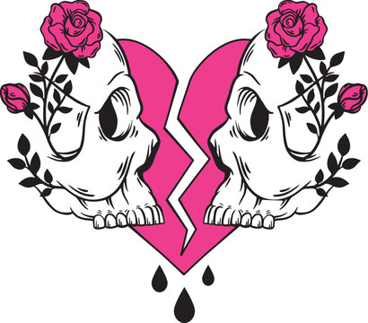 Broken heart and two skulls with roses. Love to death. hand drawn black and pink emo style illustration