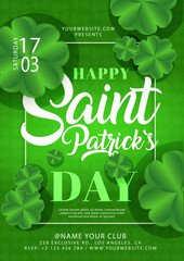 Happy Saint Patricks Green Day Poster with green clovers and white frame on background	