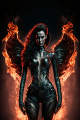 Fototapeta na wymiar Demonic sexy female devil or vampire with flames and fire. Designed using generative ai. 