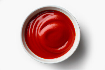 Delicious top view ketchup in white bowl isolated on white background. Portion of tomato sauce with clipping path. One of the collection of various sauces