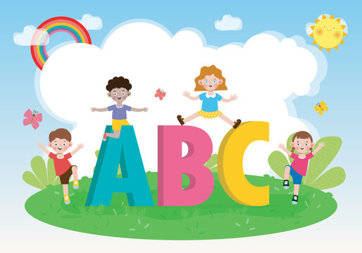 cartoon children with ABC letters, School kids with ABC, child with ABC letters poster isolated on background Vector Illustration