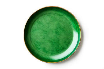 Top view empty blank ceramic antique round green plate isolated on white background with clipping path.