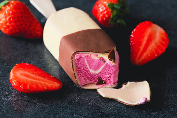 strawberry in chocolate. Strawberry ice cream.