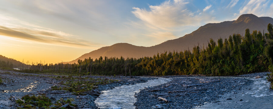 Panoramic View Of A River In Chilean Patagonia At Sunset  