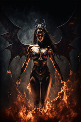 Demonic sexy female devil or vampire with flames and fire. Designed using generative ai. 