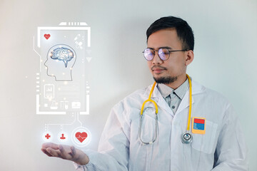 Asian man in Doctor uniform on white background in hospital
