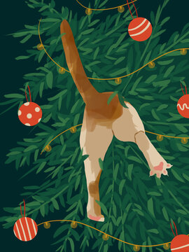 Cat In Christmas Tree Illustration